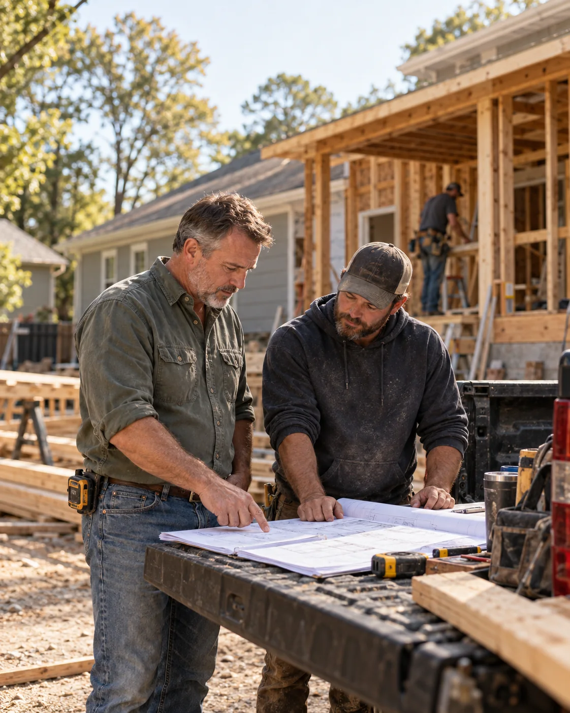 Illustration of a construction business owner and advisor reviewing plans at a pickup tailgate on a working job site